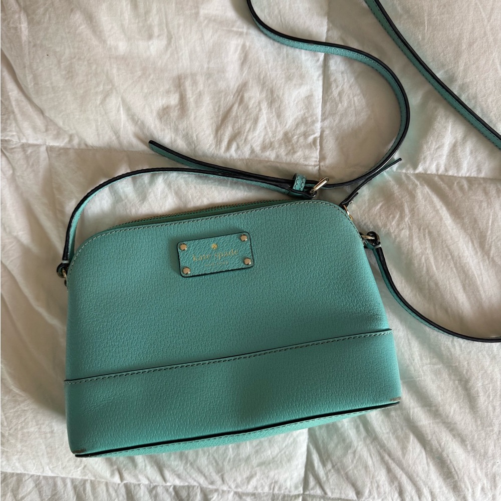kate spade teal pebbled leather crossbody with gold-tone logo